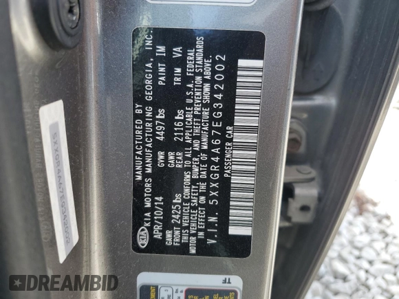 2014 Kia Optima SXL Turbo with VIN 5XXGR4A67EG342002, listed as a Copart auction lot 53374335 with 210,810 mi miles and Salvage title. Bid and sale history available at DreamBid. Image 13.