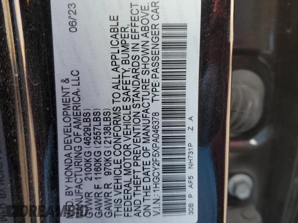 2023 Honda Accord Sport с VIN 1HGCY2F5XPA046378, выставлен на аукционе Copart как лот 47856655 с пробегом 78 203 миль миль и Списание • Salvage title. История ставок и продаж доступна на DreamBid. Изображение 12.