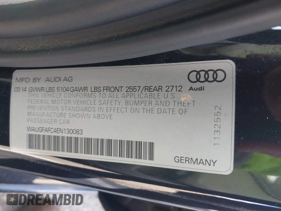 2014 Audi A6 Premium Plus with VIN WAUGFAFC4EN130083, listed as a IAAI auction lot 41237406 with 79,459 mi miles and . Bid and sale history available at DreamBid. Image 9.
