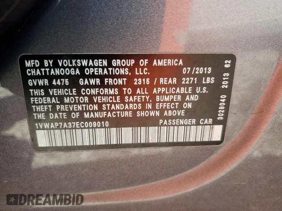 2014 Volkswagen Passat S w/Nav with VIN 1VWAP7A37EC009010, listed as a Copart auction lot 51752695 with 306,304 mi miles and Salvage Title. Bid and sale history available at carsss.com. Image 12.