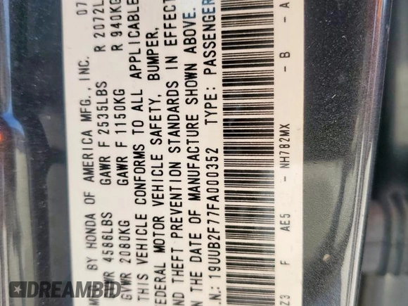 2015 Acura TLX Advance with VIN 19UUB2F77FA000352, listed as a Copart auction lot 60618585 with 95,205 mi miles and Salvage title. Bid and sale history available at DreamBid. Image 12.