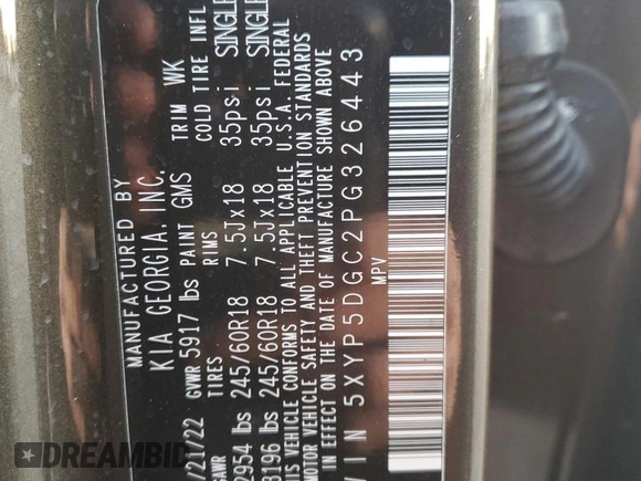 2023 Kia Telluride SX X-Line with VIN 5XYP5DGC2PG326443, listed as a Copart auction lot 83906974 with 41,513 mi miles and Non repairable. Bid and sale history available at DreamBid. Image 13.