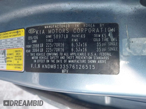 2007 Kia Sedona with VIN KNDMB133576126515, listed as a IAAI auction lot 41497785 with 112,034 mi miles. Bid and sale history available at carsss.com. Image 9.