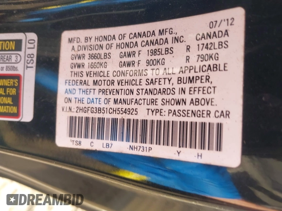 2012 Honda Civic Cpe LX with VIN 2HGFG3B51CH554925, listed as a IAAI auction lot 42122563 with 180,874 mi miles. Bid and sale history available at carsss.com. Image 9.