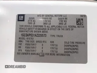 2010 Chevrolet Silverado 1500 with VIN 1GCSKPE31AZ229573, listed as a IAAI auction lot 41203758 with 128,175 mi miles and . Bid and sale history available at DreamBid. Image 9.