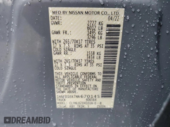2022 Nissan Frontier S with VIN 1N6ED1EK7NN670145, listed as a Copart auction lot 73864414 with 0 mi miles and Salvage Title. Bid and sale history available at carsss.com. Image 13.