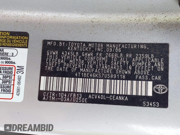 2007 Toyota Camry CE with VIN 4T1BE46K57U589118, listed as a IAAI auction lot 42170659 with 136,385 mi miles and . Bid and sale history available at DreamBid. Image 9.
