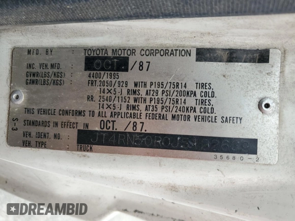1988 Toyota Pickup z VIN JT4RN50R0J5122639, wystawiony jako Copart lot #52792445 z przebiegiem 233 407 mil mil oraz Szkody całkowita. Historia ofert i sprzedaży dostępna na DreamBid. Obrazek 12.