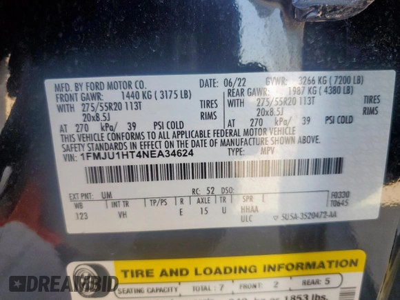 2022 Ford Expedition XLT with VIN 1FMJU1HT4NEA34624, listed as a Copart auction lot 56891045 with 48,202 mi miles and Salvage title. Bid and sale history available at DreamBid. Image 14.