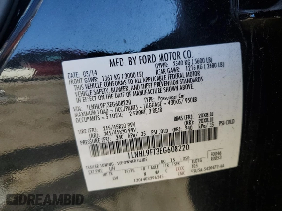 2014 Lincoln MKS EcoBoost with VIN 1LNHL9FT3EG608220, listed as a Copart auction lot 43038415 with Not provided miles and Salvage title. Bid and sale history available at DreamBid. Image 13.