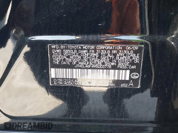 2009 Lexus LS 460 with VIN JTHCL46F495003778, listed as a IAAI auction lot 42111546 with Not Provided miles and . Bid and sale history available at DreamBid. Image 9.