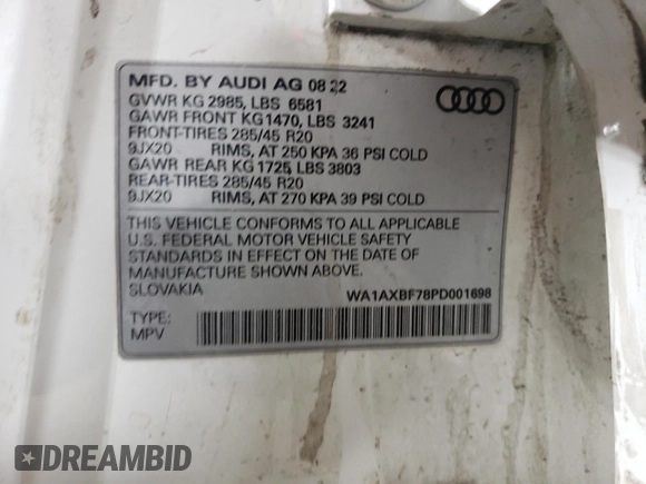 2023 Audi Q7 Premium with VIN WA1AXBF78PD001698, listed as a Copart auction lot 72674504 with 38,655 mi miles and Salvage title. Bid and sale history available at DreamBid. Image 16.
