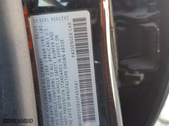 2003 Volkswagen Passat GLS with VIN WVWPD63B93P453581, listed as a Copart auction lot 84174054 with 0 mi miles and Salvage Title. Bid and sale history available at carsss.com. Image 12.
