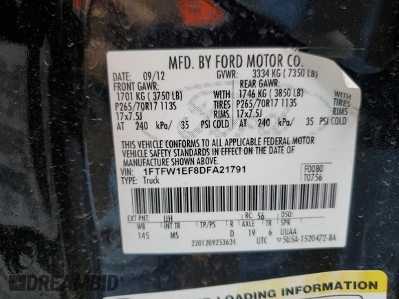2013 Ford F-150 XL with VIN 1FTFW1EF8DFA21791, listed as a Copart auction lot 61963215 with 128,161 mi miles and Salvage title. Bid and sale history available at DreamBid. Image 12.