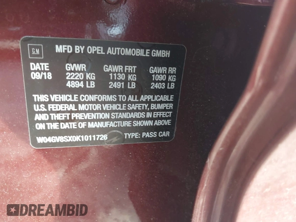 2019 Buick Regal Essence with VIN W04GV8SX0K1011726, listed as a IAAI auction lot 42068715 with 19,595 mi miles and . Bid and sale history available at DreamBid. Image 9.