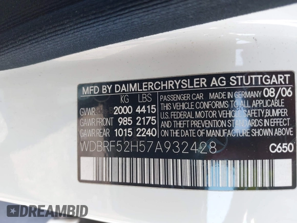 2007 Mercedes-Benz C 230 Sport with VIN WDBRF52H57A932428, listed as a IAAI auction lot 42546347 with 153,505 mi miles and . Bid and sale history available at DreamBid. Image 9.