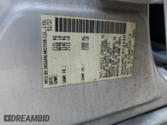 2012 Nissan Maxima S with VIN 1N4AA5AP0CC824440, listed as a Copart auction lot 58383195 with 159,689 mi miles and Salvage title. Bid and sale history available at DreamBid. Image 12.