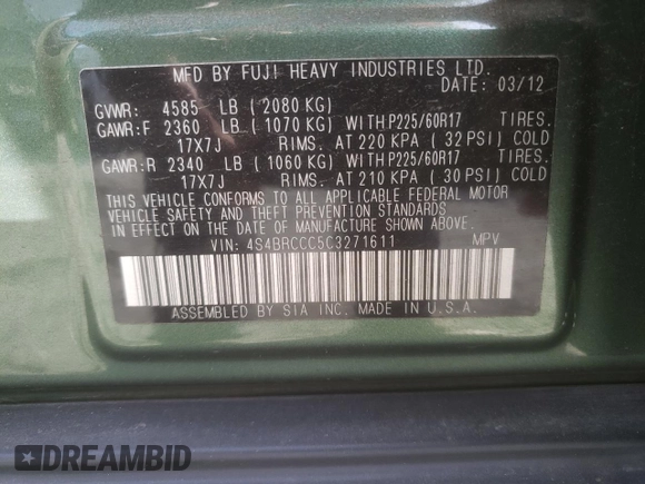 2012 Subaru Outback Prem with VIN 4S4BRCCC5C3271611, listed as a Copart auction lot 59736475 with 107,164 mi miles and Salvage title. Bid and sale history available at DreamBid. Image 13.