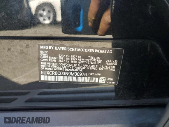 2022 BMW X5 xDrive40i with VIN 5UXCR6C03N9M00976, listed as a Copart auction lot 59869375 with 41,923 mi miles and Salvage title. Bid and sale history available at DreamBid. Image 13.