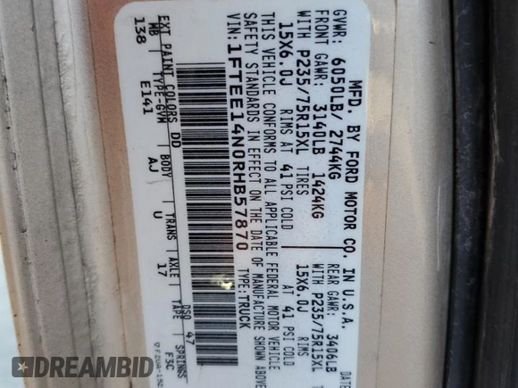 1994 Ford Econoline Cargo with VIN 1FTEE14N0RHB57870, listed as a Copart auction lot 52521055 with Not Provided miles and Salvage Title. Bid and sale history available at DreamBid. Image 14.