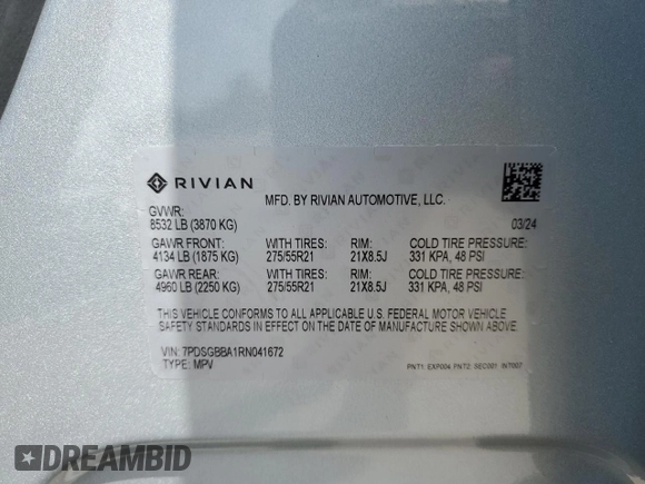 2024 Rivian R1S Adventure with VIN 7PDSGBBA1RN041672, listed as a Copart auction lot 61924974 with Not Provided miles and Salvage Title. Bid and sale history available at carsss.com. Image 13.
