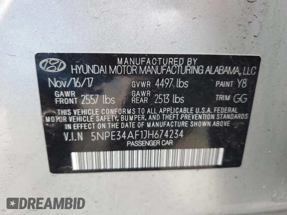 2018 Hyundai Sonata Limited with VIN 5NPE34AF1JH674234, listed as a Copart auction lot 87182864 with 111,726 mi miles and Salvage Title. Bid and sale history available at DreamBid. Image 12.