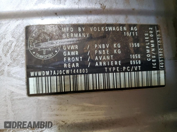 2012 Volkswagen Golf TDI with VIN WVWDM7AJ0CW144803, listed as a Copart auction lot 61574455 with 184,152 mi miles and Salvage title. Bid and sale history available at DreamBid. Image 12.