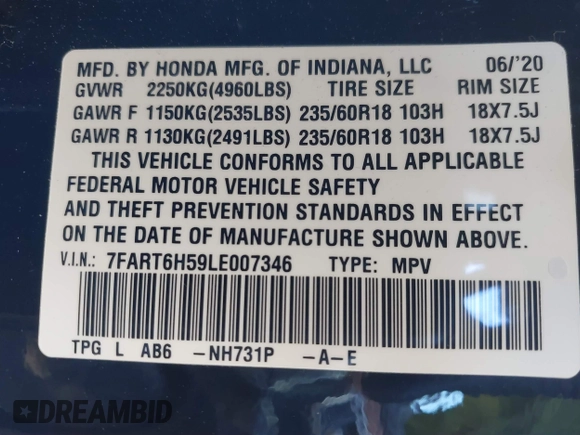 2020 Honda CR-V EX with VIN 7FART6H59LE007346, listed as a IAAI auction lot 40611458 with 70,019 mi miles and . Bid and sale history available at DreamBid. Image 9.