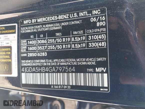 2016 Mercedes-Benz GLE 350 with VIN 4JGDA5HB4GA797564, listed as a IAAI auction lot 42551179 with 94,413 mi miles and . Bid and sale history available at DreamBid. Image 9.