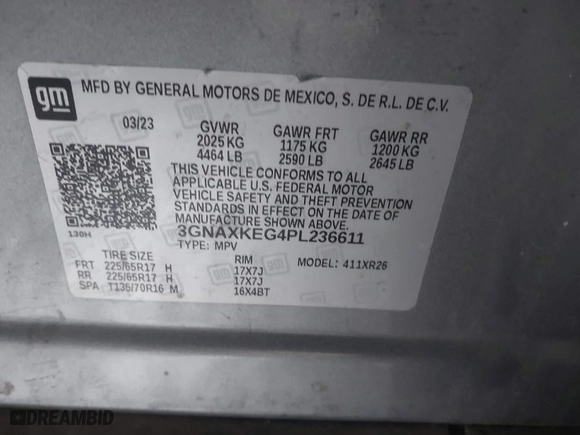 2023 Chevrolet Equinox LT with VIN 3GNAXKEG4PL236611, listed as a IAAI auction lot 41578894 with 48,765 mi miles. Bid and sale history available at carsss.com. Image 9.