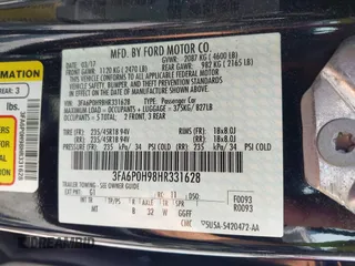 2017 Ford Fusion SE with VIN 3FA6P0H98HR331628, listed as a IAAI auction lot 42730977 with 47,248 mi miles and . Bid and sale history available at DreamBid. Image 9.