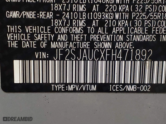 2015 Subaru Forester 2.5i Touring with VIN JF2SJAUCXFH471892, listed as a IAAI auction lot 41314722 with 94,717 mi miles. Bid and sale history available at carsss.com. Image 9.