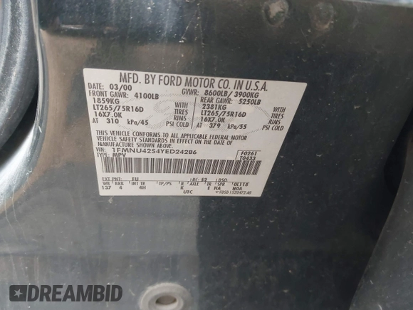 2000 Ford Excursion Limited с VIN 1FMNU42S4YED24286, выставлен на аукционе IAAI как лот 41457136 с пробегом 361 296 миль миль и . История ставок и продаж доступна на DreamBid. Изображение 9.