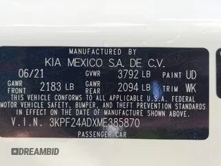 2021 Kia Forte LXS z VIN 3KPF24ADXME385870, wystawiony jako IAAI lot #42077211 z przebiegiem 120 278 mil mil oraz . Historia ofert i sprzedaży dostępna na DreamBid. Obrazek 9.