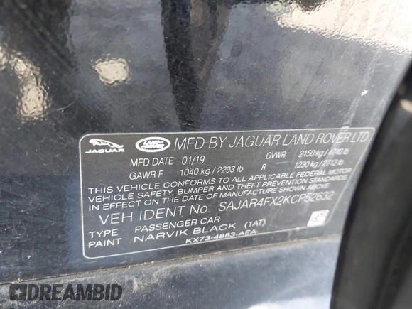 2019 Jaguar XE 25t with VIN SAJAR4FX2KCP52632, listed as a IAAI auction lot 41585317 with 1 mi miles. Bid and sale history available at carsss.com. Image 9.