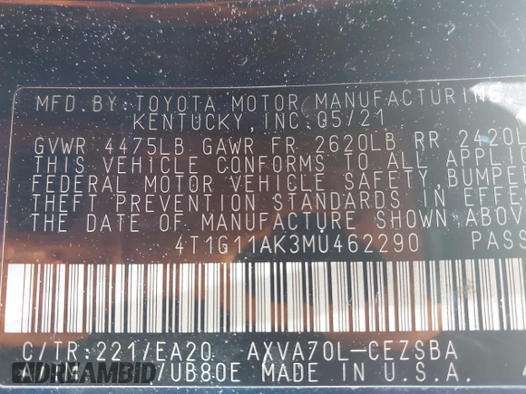 2021 Toyota Camry SE Nightshade with VIN 4T1G11AK3MU462290, listed as a IAAI auction lot 42033207 with 111,163 mi miles and . Bid and sale history available at DreamBid. Image 9.