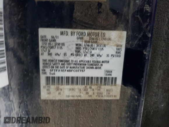 2011 Ford F-150 XL с VIN 1FTFX1EF4BFC07757, выставлен на аукционе Copart как лот 62469935 с пробегом 169 582 миль миль и Чистый • Clean title. История ставок и продаж доступна на DreamBid. Изображение 12.