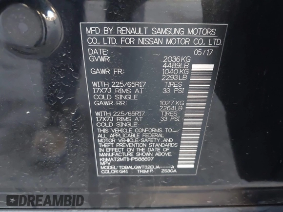 2017 Nissan Rogue S with VIN KNMAT2MT1HP588697, listed as a IAAI auction lot 41146939 with 88,704 mi miles and . Bid and sale history available at DreamBid. Image 9.