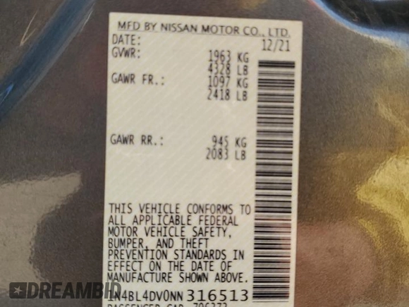 2022 Nissan Altima SV z VIN 1N4BL4DV0NN316513, wystawiony jako Copart lot #55687365 z przebiegiem 66 916 mil mil oraz Szkoda całkowita • Salvage title. Historia ofert i sprzedaży dostępna na DreamBid. Obrazek 13.