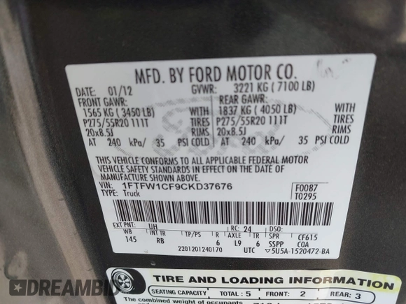 2012 Ford F-150 XL with VIN 1FTFW1CF9CKD37676, listed as a IAAI auction lot 41745242 with 126,570 mi miles. Bid and sale history available at carsss.com. Image 9.