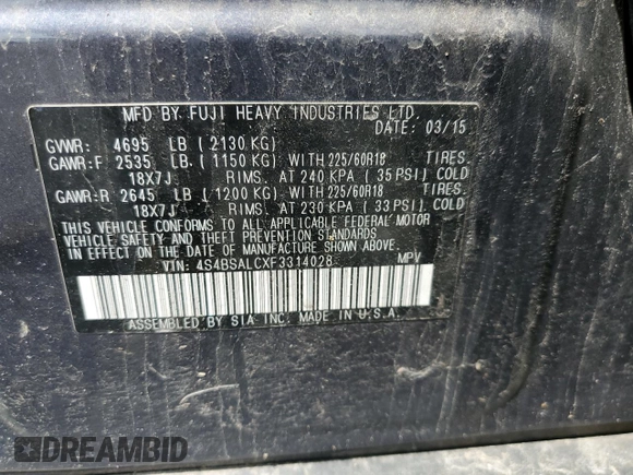 2015 Subaru Outback Limited z VIN 4S4BSALCXF3314028, wystawiony jako Copart lot #58548795 z przebiegiem 129 801 mil mil oraz Szkoda całkowita • Salvage title. Historia ofert i sprzedaży dostępna na DreamBid. Obrazek 13.