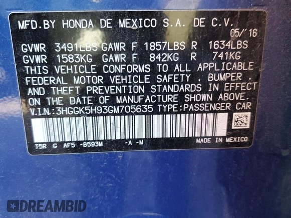 2016 Honda Fit EX-L with VIN 3HGGK5H93GM705635, listed as a Copart auction lot 41713125 with 105,730 mi miles and Salvage title. Bid and sale history available at DreamBid. Image 12.