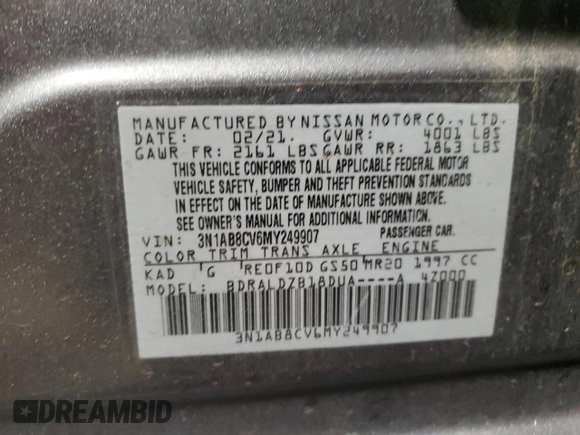 2021 Nissan Sentra SV с VIN 3N1AB8CV6MY249907, выставлен на аукционе Copart как лот 59872575 с пробегом 65 603 миль миль и Чистый • Clean title. История ставок и продаж доступна на DreamBid. Изображение 12.