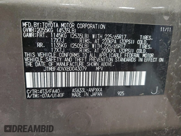 2011 Toyota RAV4 with VIN JTMBF4DVXBD043079, listed as a Copart auction lot 56058545 with 100,096 mi miles and Non Repairable. Bid and sale history available at DreamBid. Image 13.