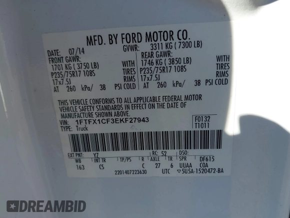 2014 Ford F-150 XL with VIN 1FTFX1CF3EKF27943, listed as a IAAI auction lot 41735025 with 248,005 mi miles. Bid and sale history available at carsss.com. Image 9.