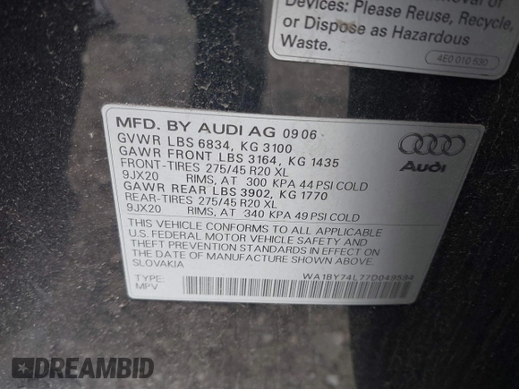2007 Audi Q7 Premium with VIN WA1BY74L77D049594, listed as a IAAI auction lot 40436848 with 147,384 mi miles and . Bid and sale history available at DreamBid. Image 9.
