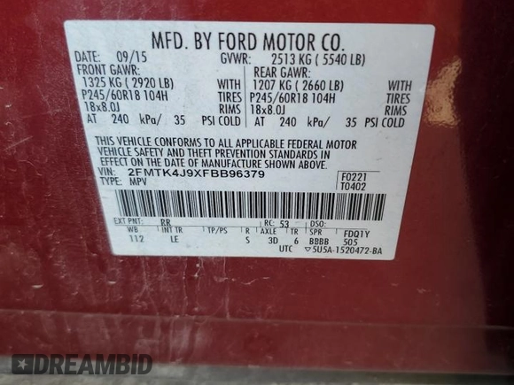 2015 Ford Edge SEL with VIN 2FMTK4J9XFBB96379, listed as a Copart auction lot 50981265 with 133,880 mi miles and Clean Title. Bid and sale history available at carsss.com. Image 13.