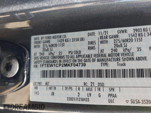 2021 Ford F-150 XL with VIN 1FTEW1CP2MKF04739, listed as a IAAI auction lot 42264990 with 87,711 mi miles and . Bid and sale history available at DreamBid. Image 9.