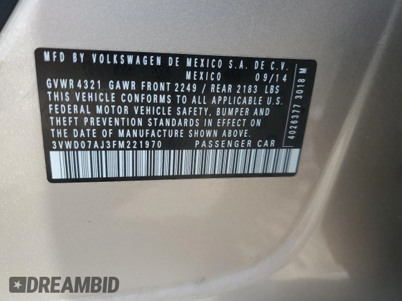 2015 Volkswagen Jetta SE с VIN 3VWD07AJ3FM221970, выставлен на аукционе Copart как лот 54586255 с пробегом 144 727 миль миль и Списание • Salvage title. История ставок и продаж доступна на DreamBid. Изображение 12.