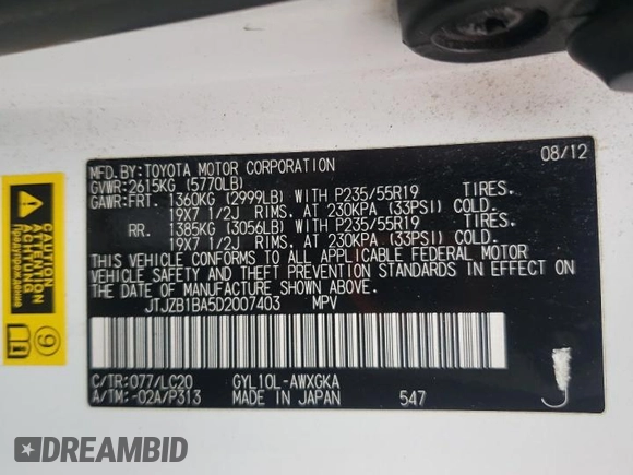 2013 Lexus RX 450h с VIN JTJZB1BA5D2007403, выставлен на аукционе Copart как лот 57331335 с пробегом 158 978 миль миль и Чистый • Clean title. История ставок и продаж доступна на DreamBid. Изображение 12.